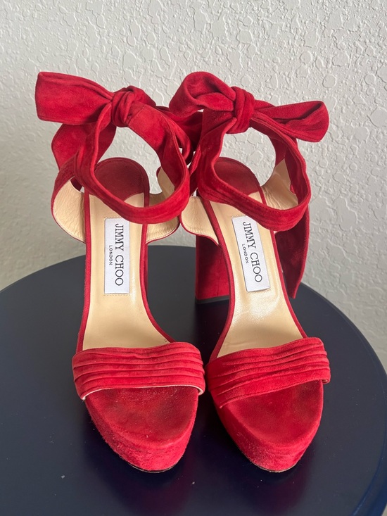 Jimmy Choo Shoes - Jimmy Choo Red Suede Ankle-Tie Block Heels